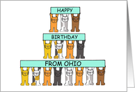 Happy Birthday from Ohio Cute Cartoon Cats Holding Up Banners card