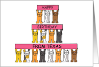 Happy Birthday from Texas Cartoon Cats Standing Holding Up Banners card