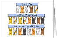 April 1st Birthday Cartoon Cats Holding Up Pale Blue Colored Banners card