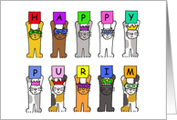Happy Purim Cartoon Cats Wearing Masks and Party Hats card
