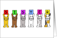 Happy Sister’s Day Cartoon Cats Holding Up Letters card