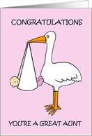 Great Aunt to Baby Girl Congratulations Cartoon Stork and Child card