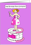 Half Birthday Party Invitation Cartoon Lady Standing on a Giant Cake card