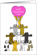 Palentine’s Day Cartoon Cats Holding a Pink Heart card