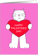 Palentine’s Day White Cartoon Cat Holding a Red Heart card