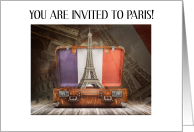 Invitation to Paris France Eiffel Tower in a Vintage Suitcase card