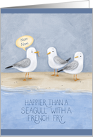 Congratulations with Sea Gull on Beach Design Holding a French Fry card