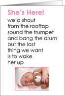 She’s Here! - a funny birth announcement poem for a baby girl card