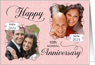 Then & Now Anniversary to Spouse Pink Damask Custom Photo and Date card