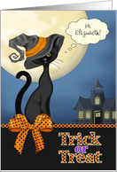 Custom Name Trick or Treat Black Cat, Haunted House, Full Moon card