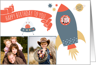 Birthday spaceship stars planet & alien - custom 3 photos card