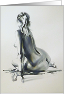 Fine Art Nude in ink & wash back view, blonde ponytail Romantic fun card