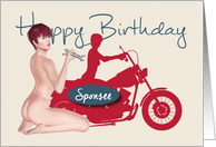 Naughty Pin Up with Motorcycle Birthday for Sponsee card