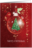 Merry Christmas, Red Decorative Bauble with Tree inside card