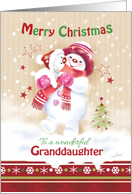 Christmas Granddaughter. Cute Snow Child Hugging her Snow Puppy. card