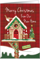 Christmas We’ve Moved. Cute Festive Birdhouse with Two Robins. card