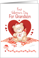 Grandson’s First Valentine’s Day -Teddy Sitting against Red Heart card