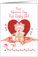 Baby Girl’s First Valentine’s Day - Teddy Sitting against Red Heart card