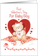 Baby Boy’s First Valentine’s Day - Teddy Sitting against Red Heart card