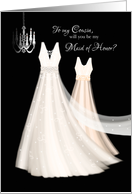 Maid of Honor Request to Cousin - 2 Cream Dresses and Chandelier card