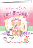 Special Girl’s 1st Birthday - Girl Teddy, Pillows Giraffe card