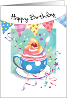 Birthday, General - Cupcake in Cup, Bunting & Streamers card