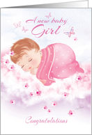 Congratulations, New Baby Girl - Baby Girl Asleep on Clouds card