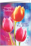 Birthday, Someone Special - 3 Vibrant Tulips on Water-Color Background card