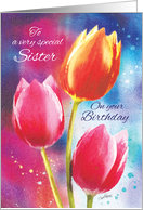 Birthday, Sister- 3 Vibrant Tulips on Water-Color Background card
