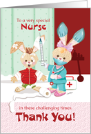 Nurses Day, Coronavirus, Female Bunny in Scrubs tends to Patient. card