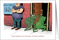 TGIF celebration - frogs entering a bar cartoon card