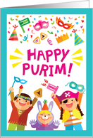 Happy Purim - kids and holiday symbols card
