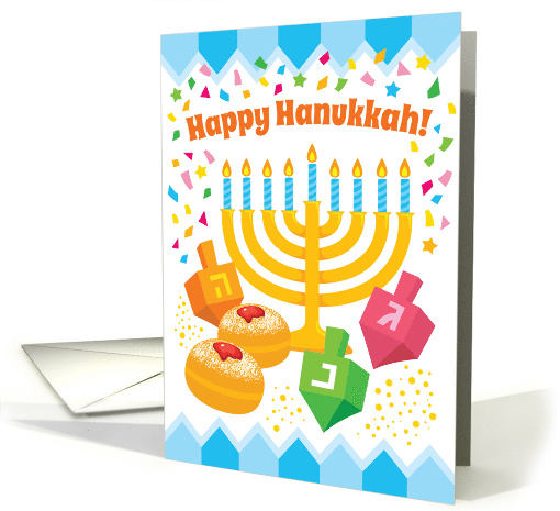 Happy Hanukkah Card with a Menorah Dreidels and Donuts card (1704234)