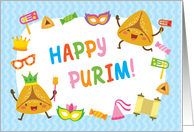 Happy Purim Card with Smiling Hamantaschen and Purim Symbols card