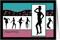 Jazz Dancers with Music Notes and Pink Background Birthday Card