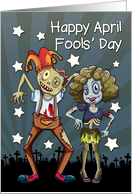 Zombie Couple with Jester Hat and Stars for Happy April Fools Day card