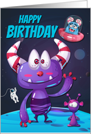 Purple Alien with Spaceship and Planets for Happy Birthday card