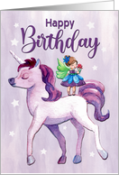 Happy Birthday with Watercolor Unicorn and Fairy card