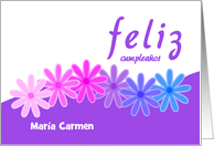Custom name birthday flowers purple and white - Spanish language card