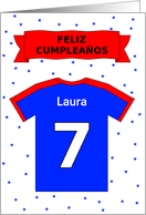 7th birthday red blue t-shirt custom name - Spanish language card