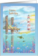Happy Birthday with Child Fishing From Pier, Lighthouse, Sea Life card