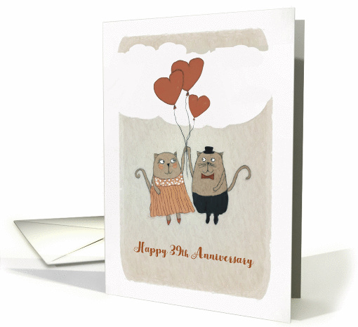 Happy 39th Wedding Anniversary, Illustration, Cats and hearts card