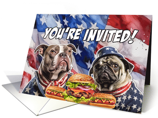BBQ Party Invitation Patriotic American Bully and Pug card (1771886)