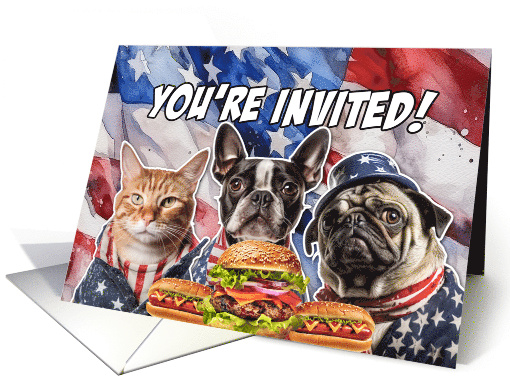 BBQ Party Invitation Patriotic Dogs and Cat card (1771896)