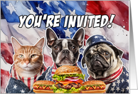 BBQ Party Invitation Patriotic Dogs and Cat card