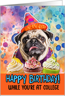 Away at College Happy Birthday Pug and Cupcakes card