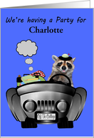 Invitations to Off to College Party, feminine, custom name, raccoon card