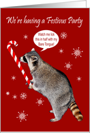 Invitations to Festivus Party, general, raccoon licking a candy cane card