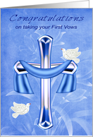 Congratulations on taking your first vows, A cross with white doves card