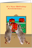 Birthday on Anniversary with Adorable Raccoons Painting the Town Red card